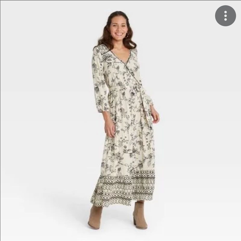 Knox Rose boho floral printed faux wrap ling sleeve midi dress medium